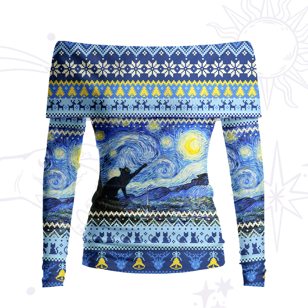 Purplehecate Witch Cat Under the Starry Night Off Shoulder Long Sleeve Knit Top