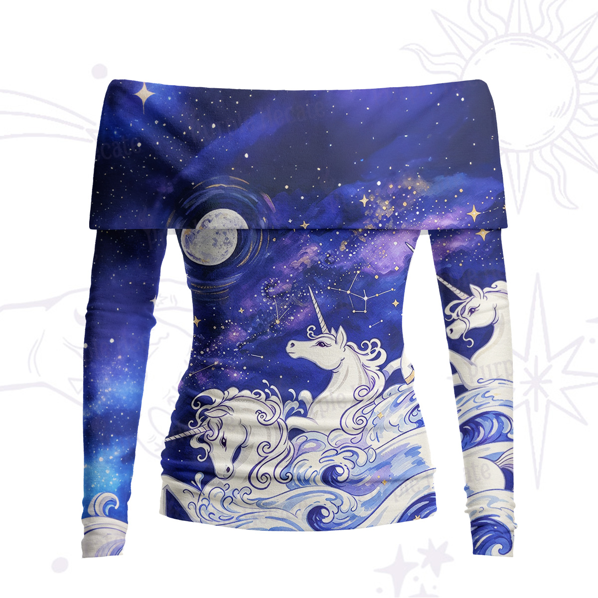 Purplehecate Celestial Sea Unicorn Night Sky Off Shoulder Long Sleeve Knit Top
