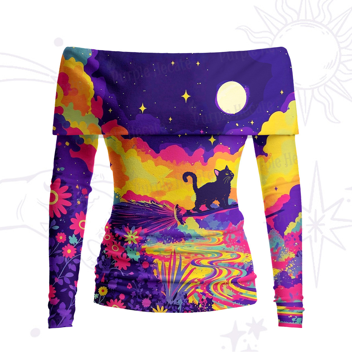 Purplehecate Midnight Cosmic Cat Fantasy Off Shoulder Long Sleeve Knit Top