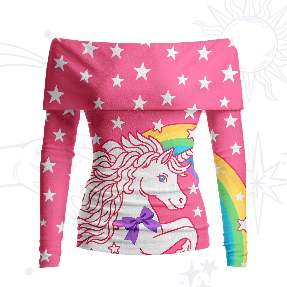 Purplehecate Dreamy Rainbow Unicorn Off Shoulder Long Sleeve Knit Top