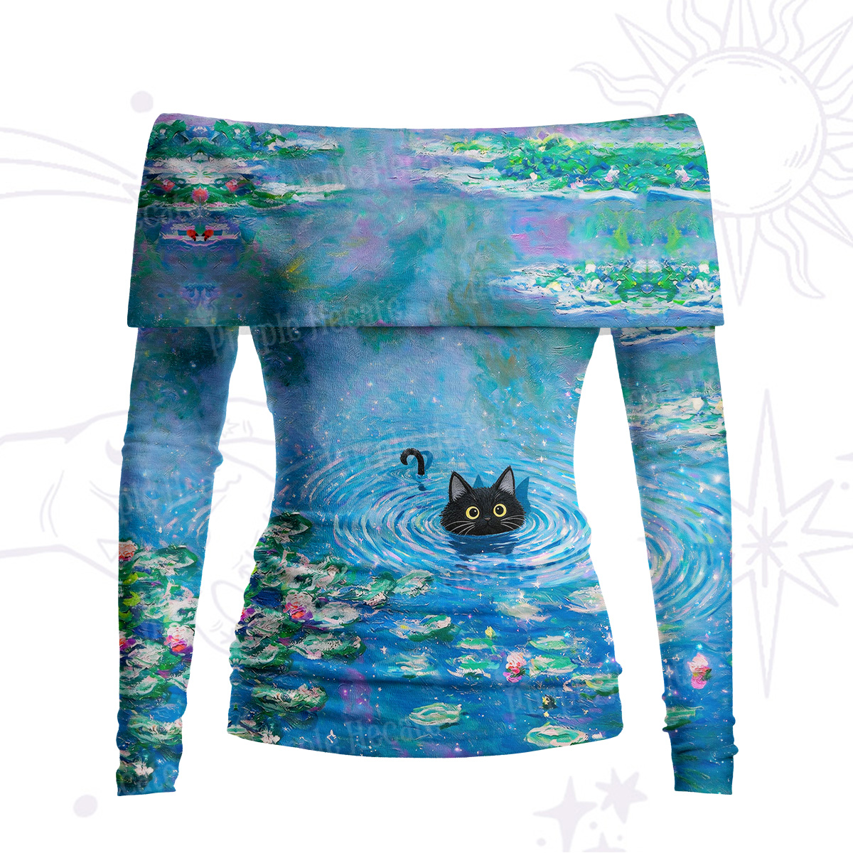 Purplehecate Black Cat in the Water Lilies Off Shoulder Long Sleeve Knit Top