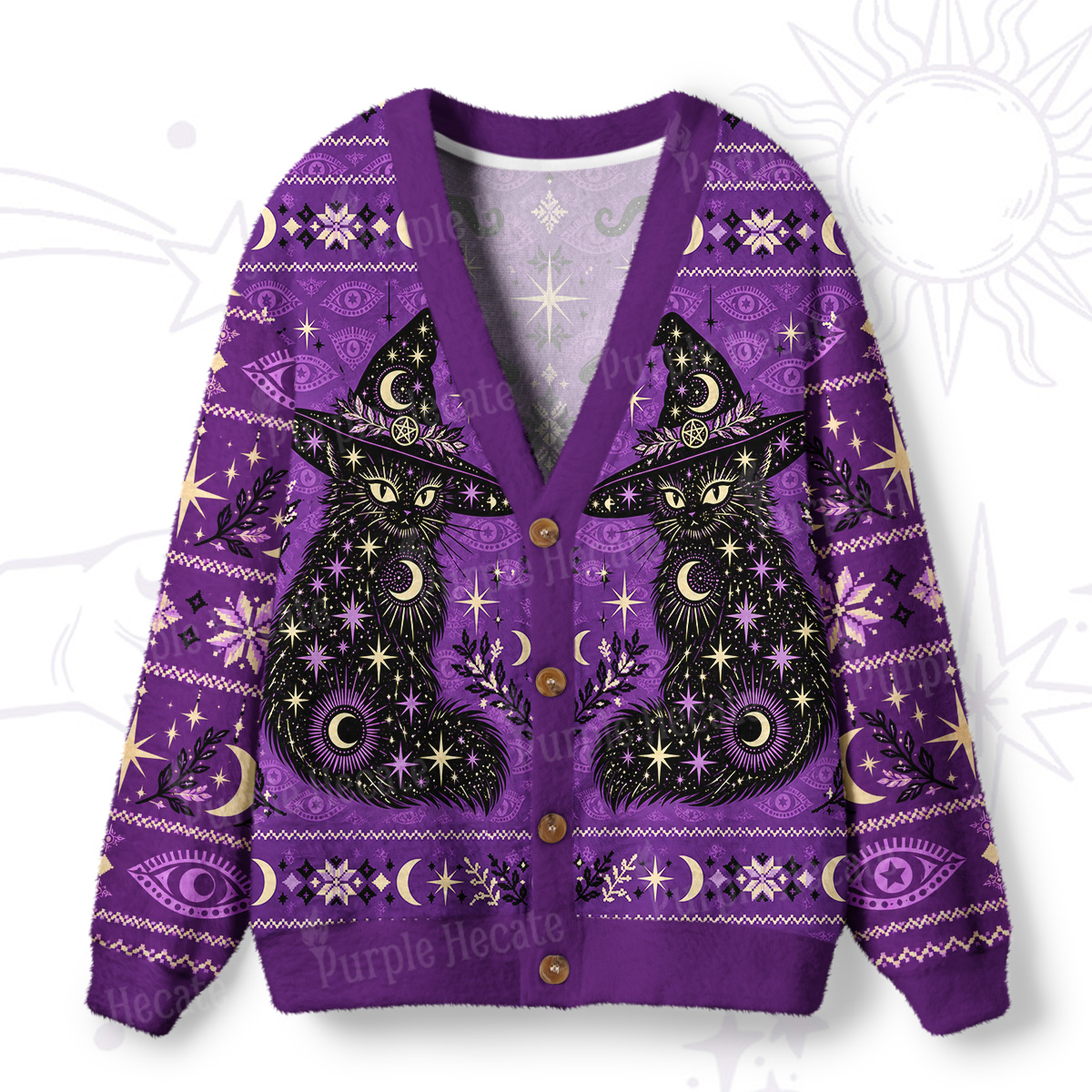 Purplehecate Midnight Sky Witch Cat Ugly Cardigan Sweaters