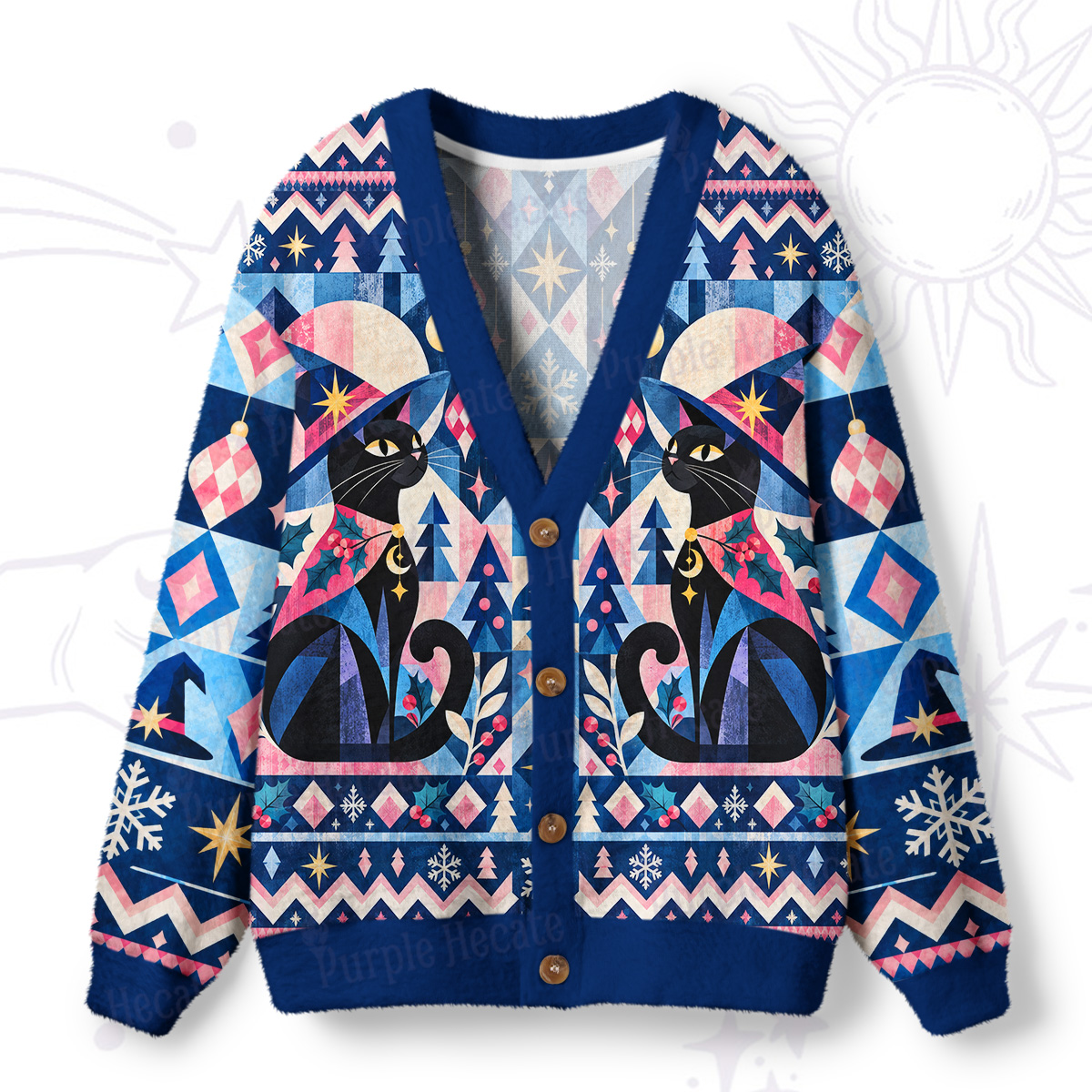 Purplehecate Winter Geometric Black Cat Ugly Cardigan Sweaters