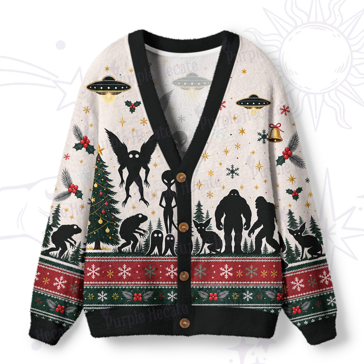 Purplehecate Alien Cryptid Encounter Ugly Cardigan Sweaters