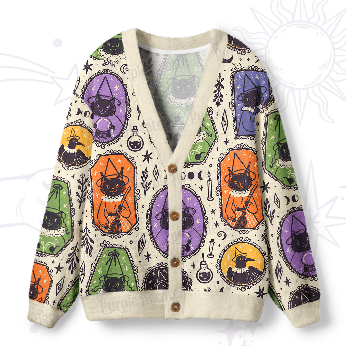 Purplehecate Vintage Frame Witch Cats Doing Magic Ugly Cardigan Sweaters