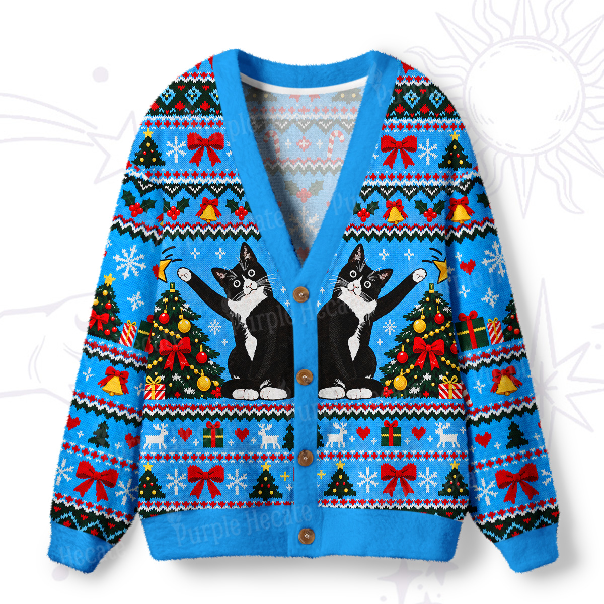 Purplehecate The Great Christmas Tree Cat-astrophe Ugly Cardigan Sweaters