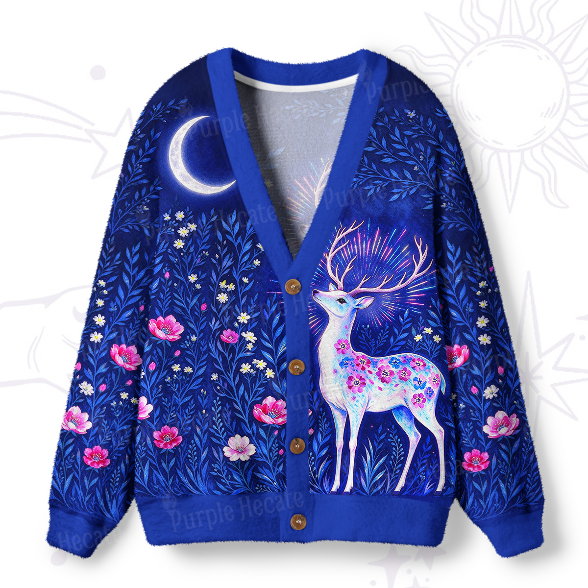Purplehecate Enchanted Deer Under the Stars Ugly Cardigan Sweaters