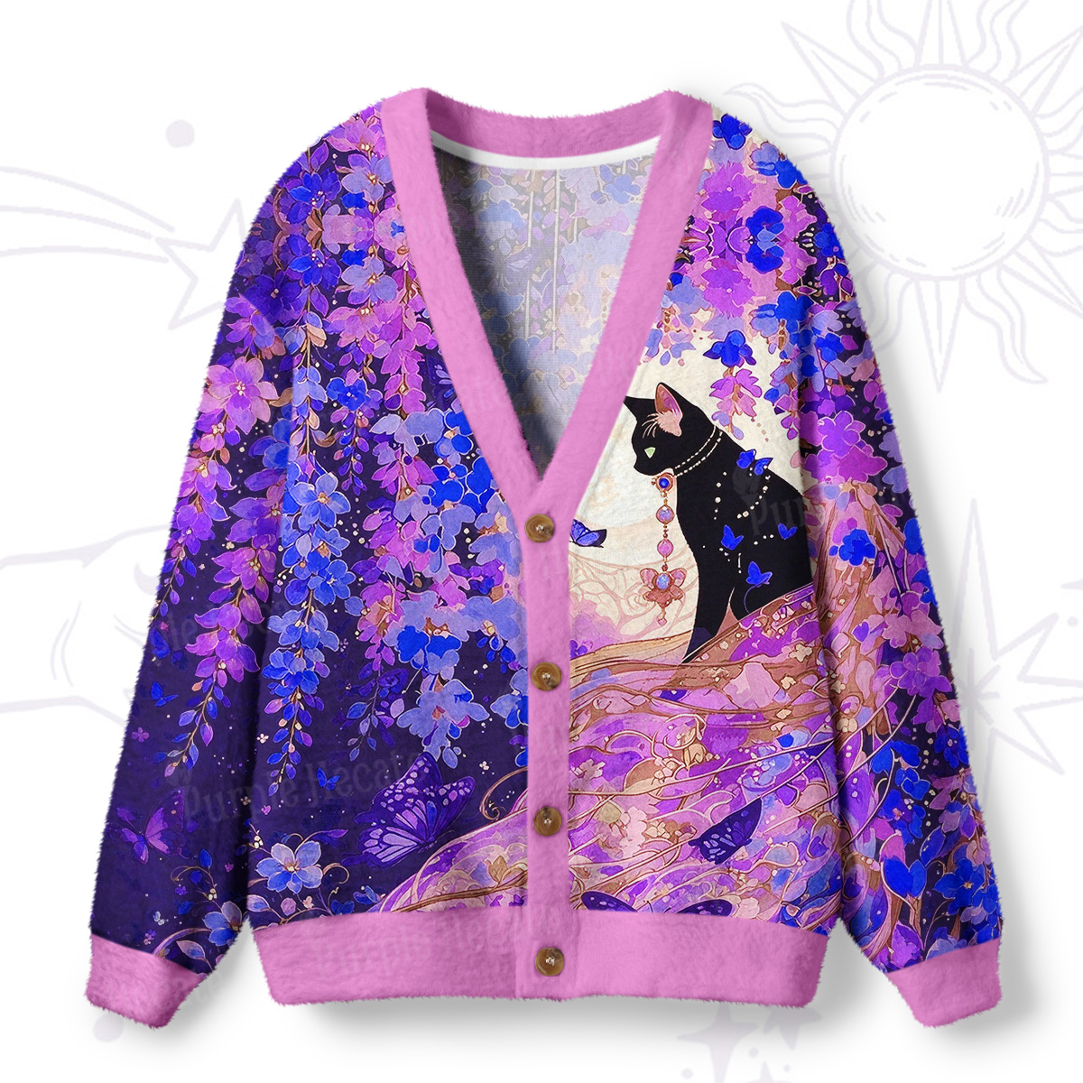 Purplehecate Mystic Cat in Wisteria Bloom Ugly Cardigan Sweaters