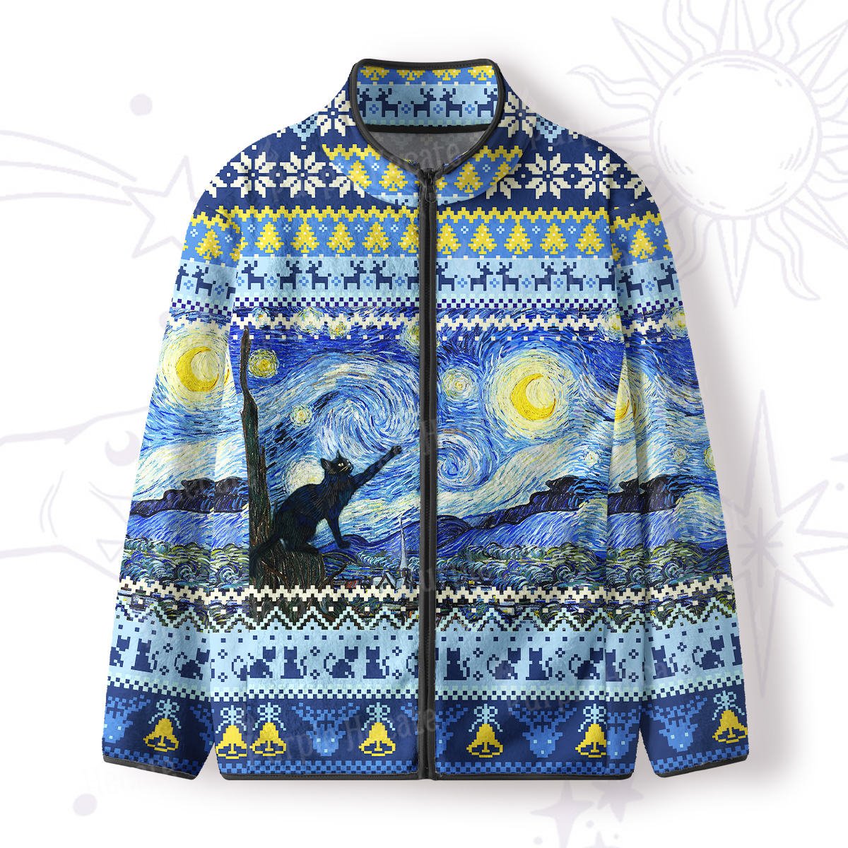Purplehecate Witch Cat Under the Starry Night Full Zip Fleece Jacket