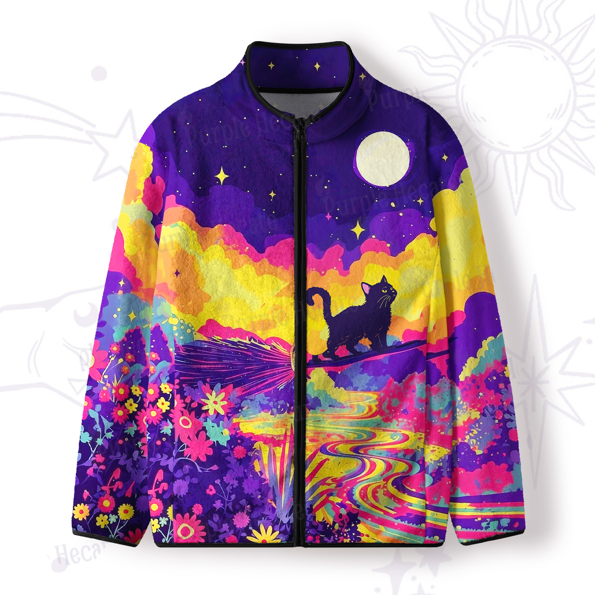 Purplehecate Midnight Cosmic Cat Fantasy Full Zip Fleece Jacket