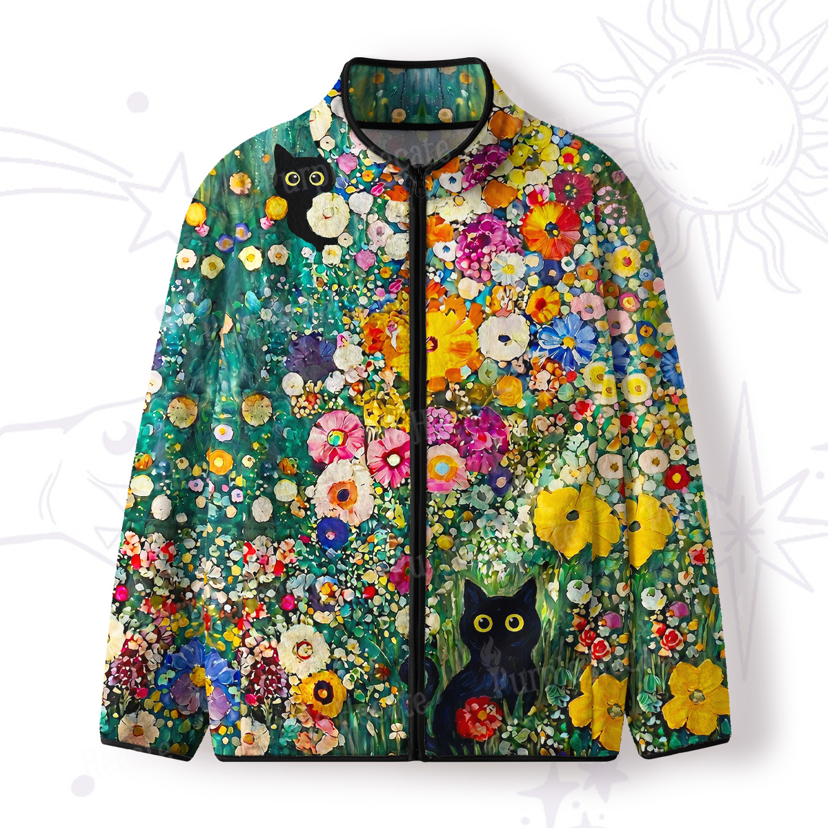 Purplehecate Fluffy Black Cat in Colorful Flower Field Full Zip Fleece Jacket