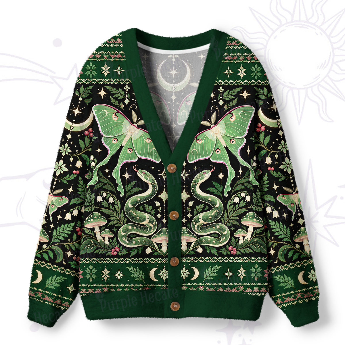 Purplehecate Luna Moth and Snake Forest Green Ugly Cardigan Sweaters
