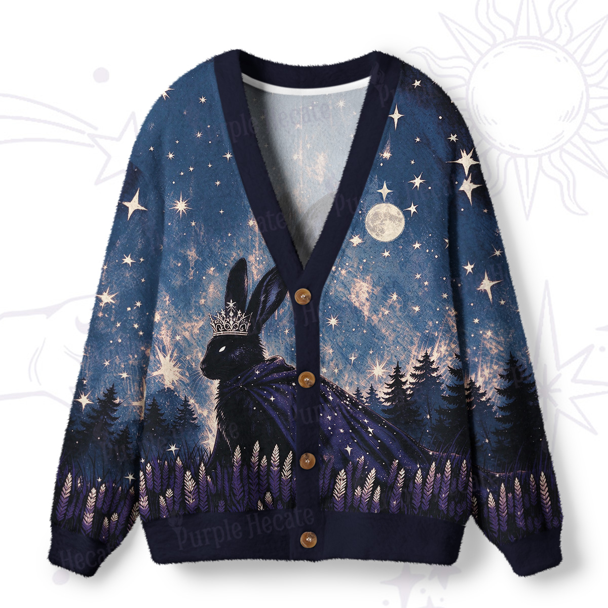 Purplehecate Queen Black Rabbit in Midnight Forest Ugly Cardigan Sweaters