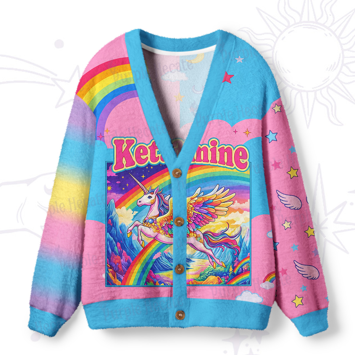 Purplehecate Ketamine Rainbow Unicorn Ugly Cardigan Sweaters