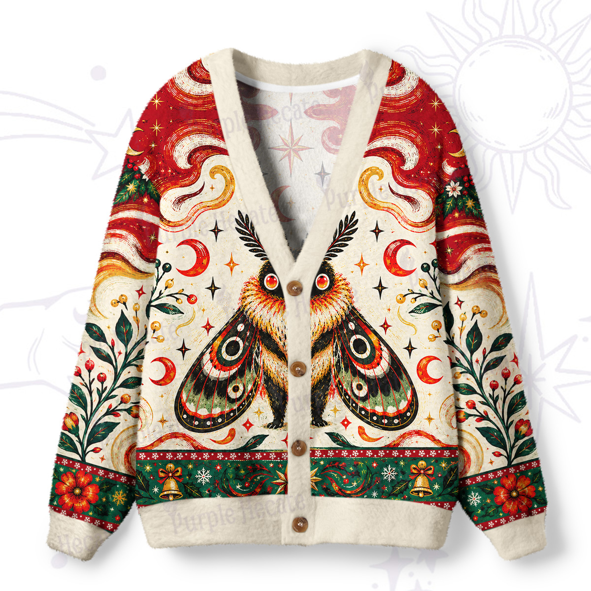 Purplehecate Christmas Moon Moth Guardian Ugly Cardigan Sweaters
