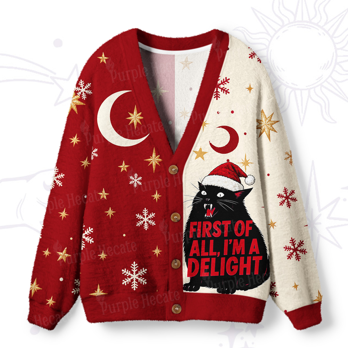 Purplehecate First Of All I'm A Delight Cat Christmas Ugly Cardigan Sweaters