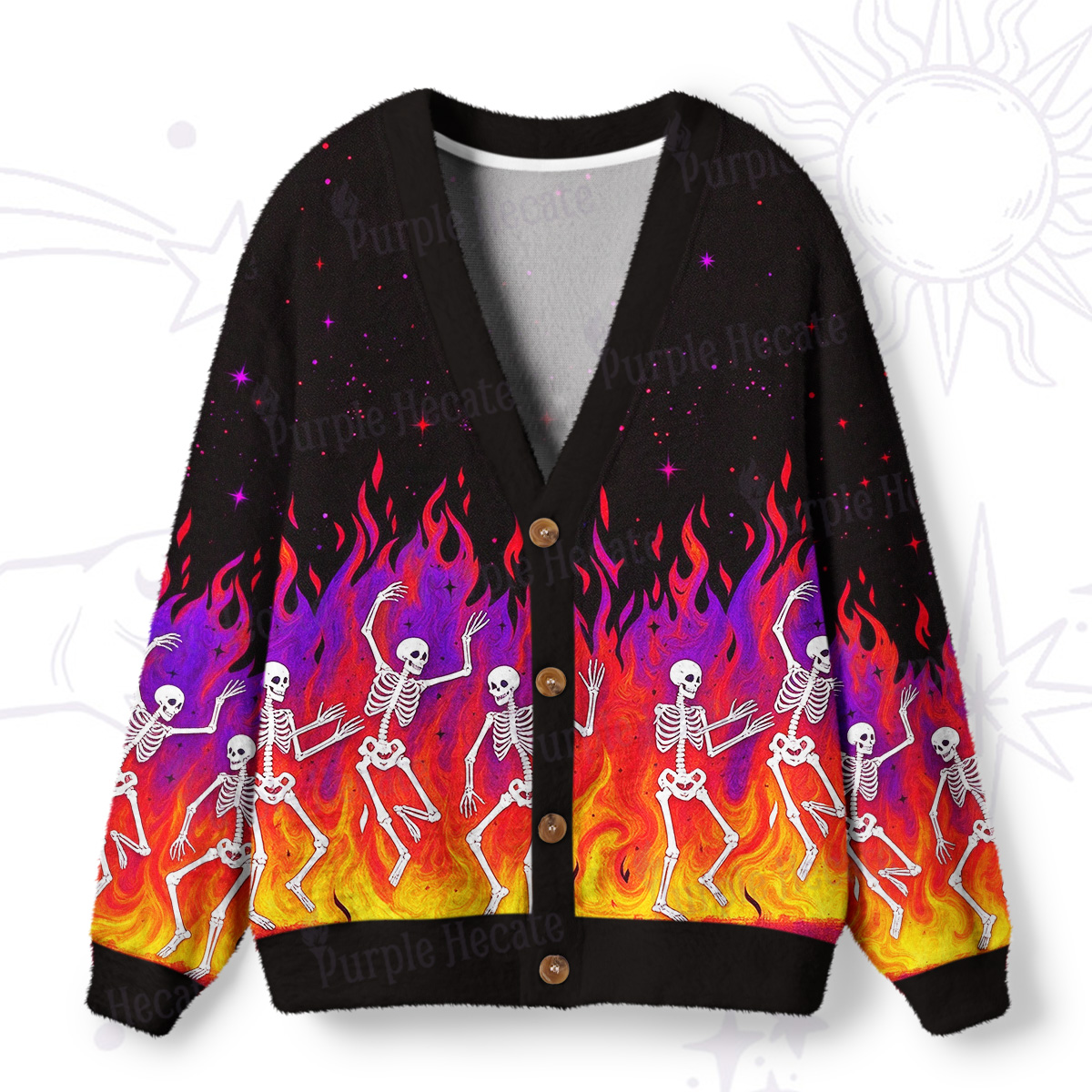 Purplehecate Flaming Skull Mayhem Ugly Cardigan Sweaters