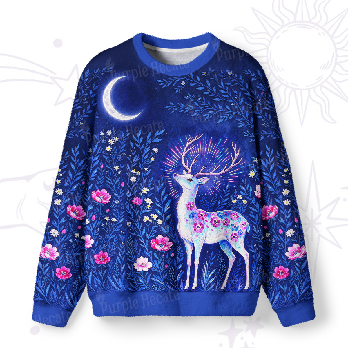 Purplehecate Enchanted Deer Under the Stars Fuzzy Ugly Sweatshirt