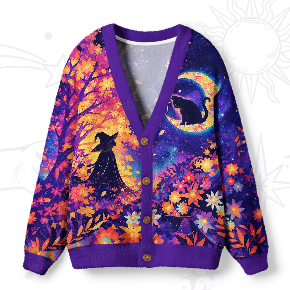 Purplehecate Midnight Witch and Black Cat Ugly Cardigan Sweaters