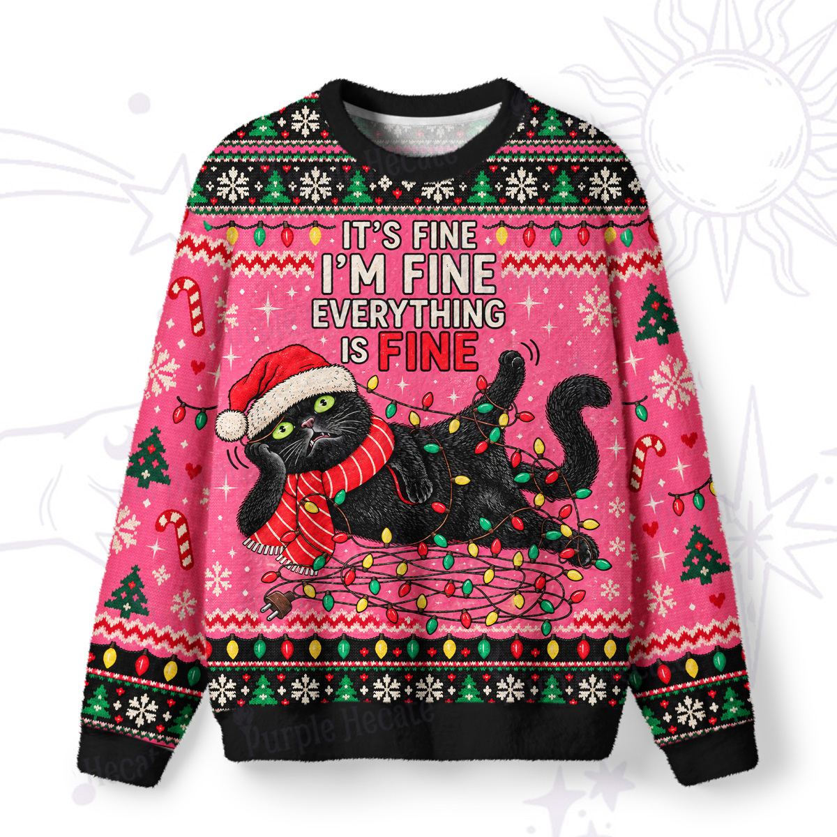 Purplehecate It's Fine I'm Fine Black Cat Christmas Fuzzy Ugly Sweatshirt