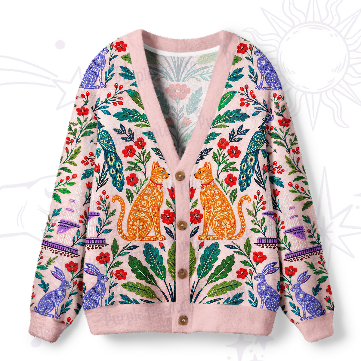 Purplehecate Vintage Folk Art Cat and Peacock Ugly Cardigan Sweaters