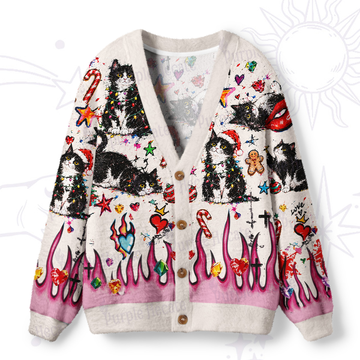 Purplehecate Funny Flame Black Cat Christmas Graffiti Ugly Cardigan Sweaters