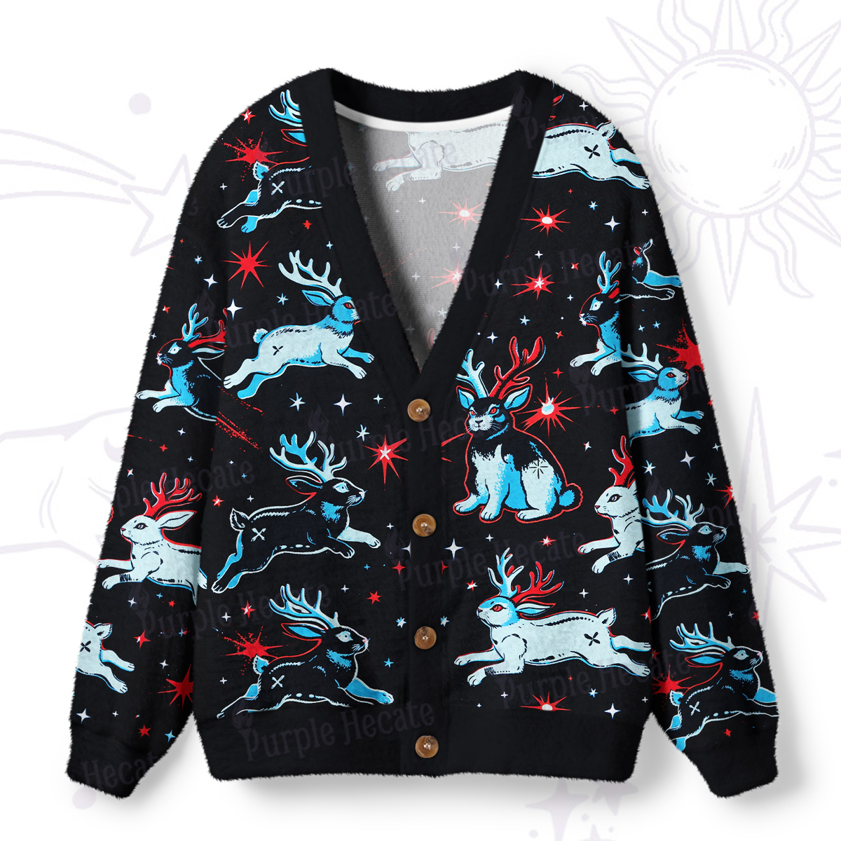 Purplehecate Mystical Jackalope Ugly Cardigan Sweaters