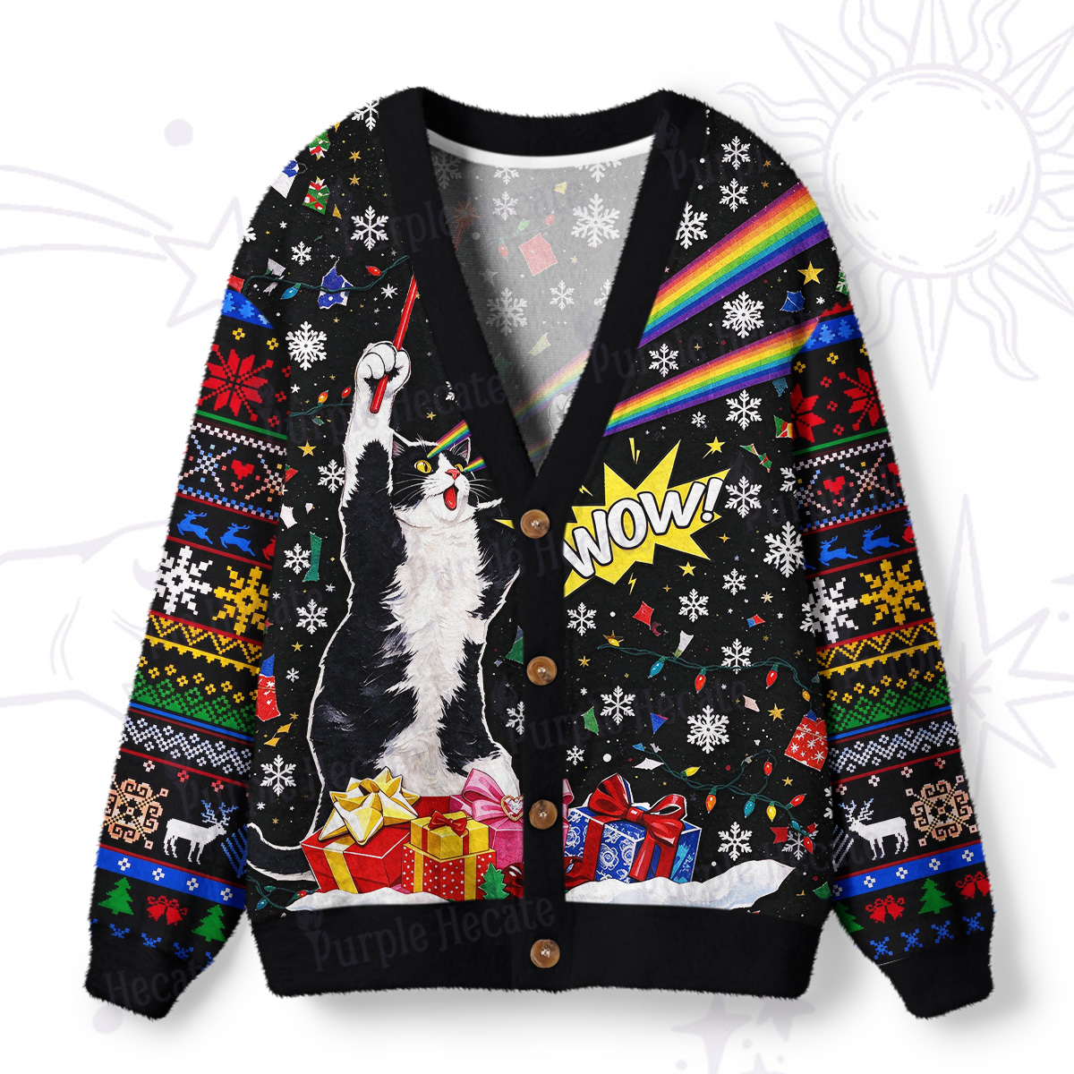 Purplehecate Rainbow Laser Eyes Cat Christmas Ugly Cardigan Sweaters