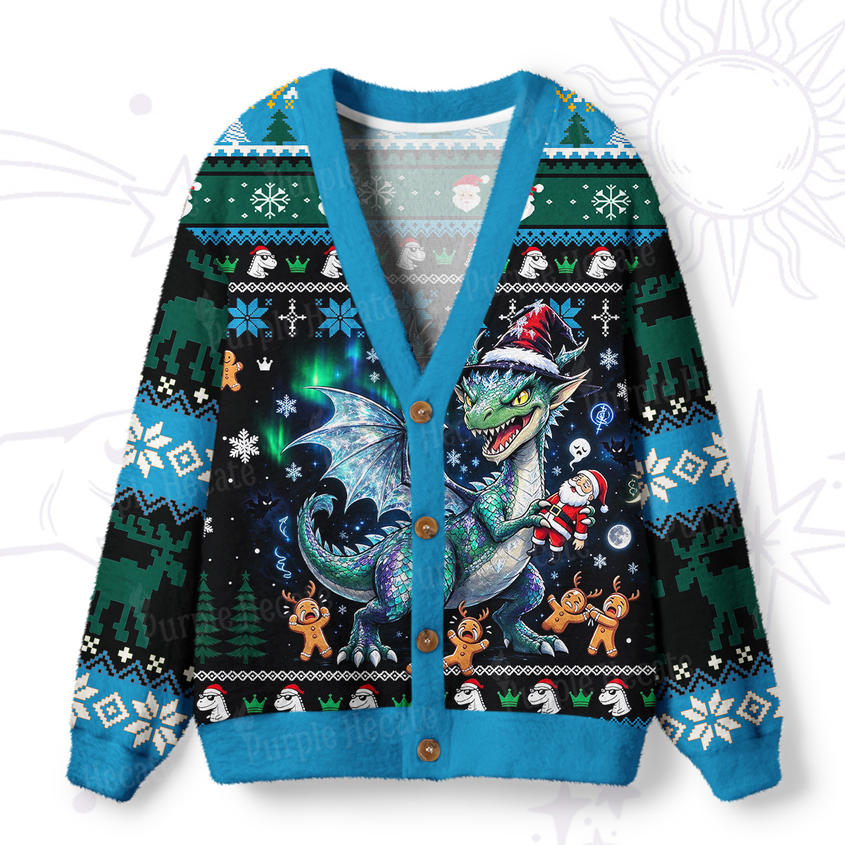 Purplehecate Green Dragon Christmas Chaos Ugly Cardigan Sweaters