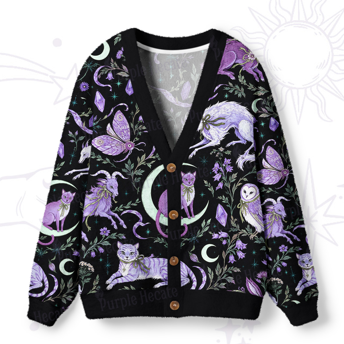 Purplehecate Mystical Forest Creatures Ugly Cardigan Sweaters
