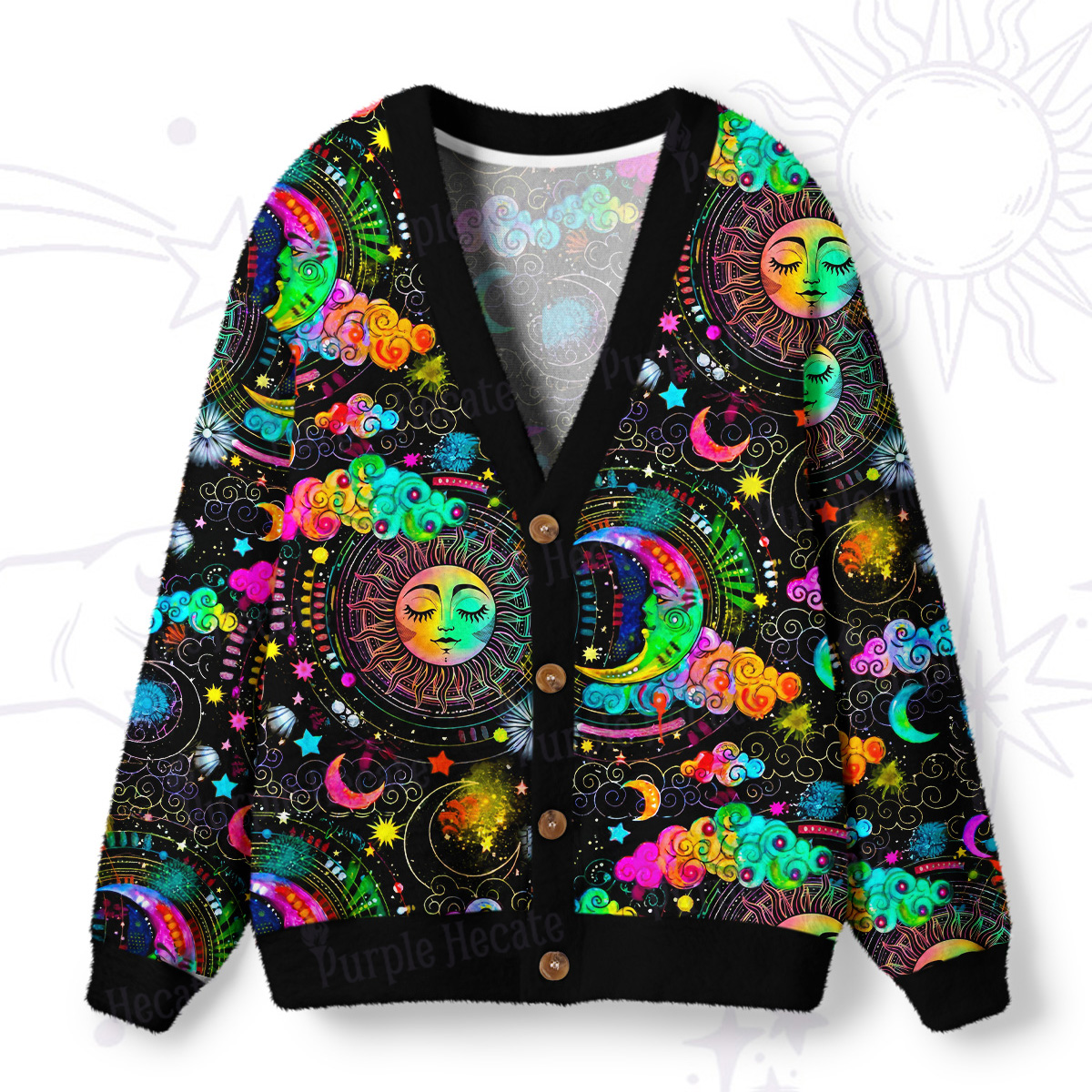 Purplehecate Stargazer Celestial Sun & Moon Ugly Cardigan Sweaters