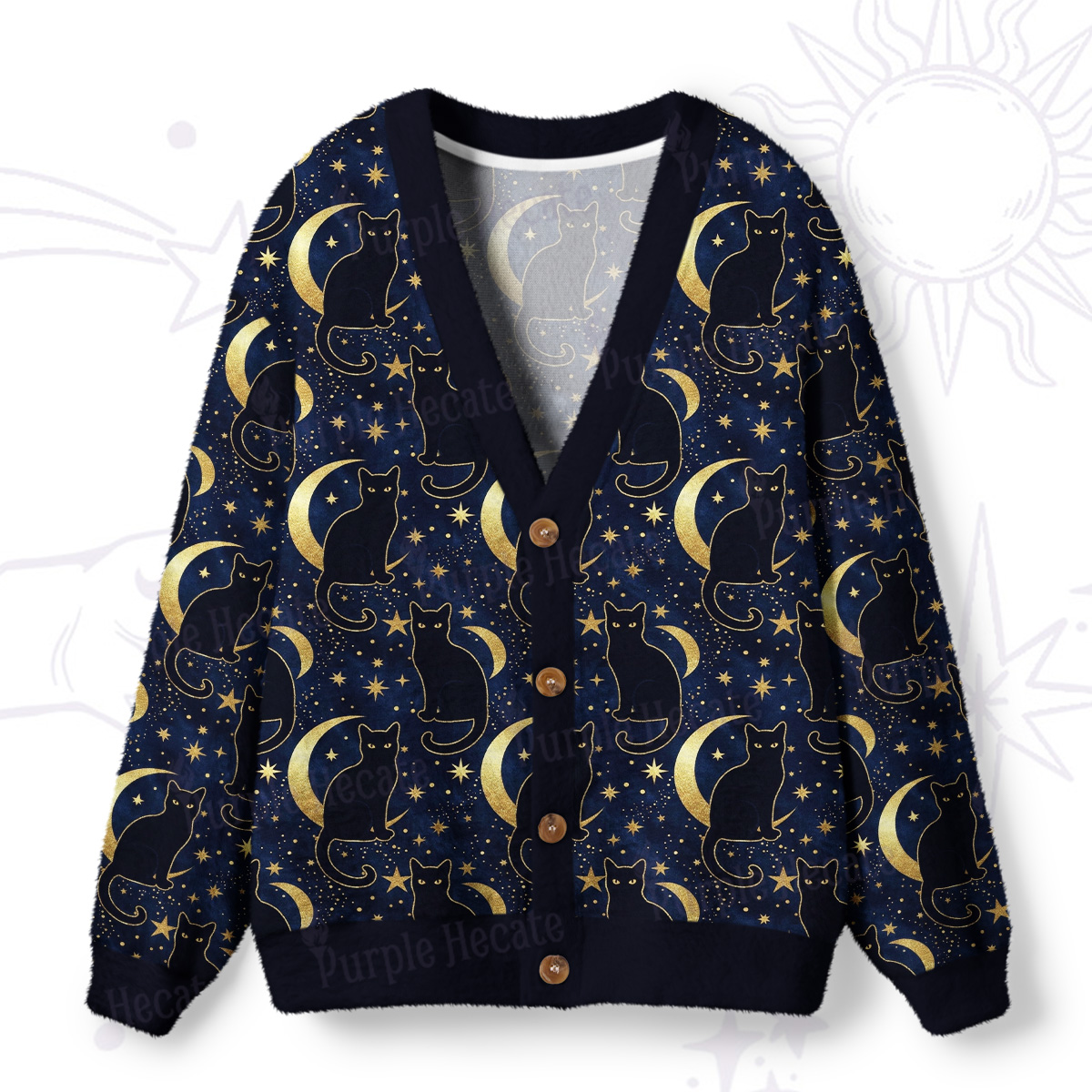 Purplehecate Starry Moon & Black Cat Ugly Cardigan Sweaters