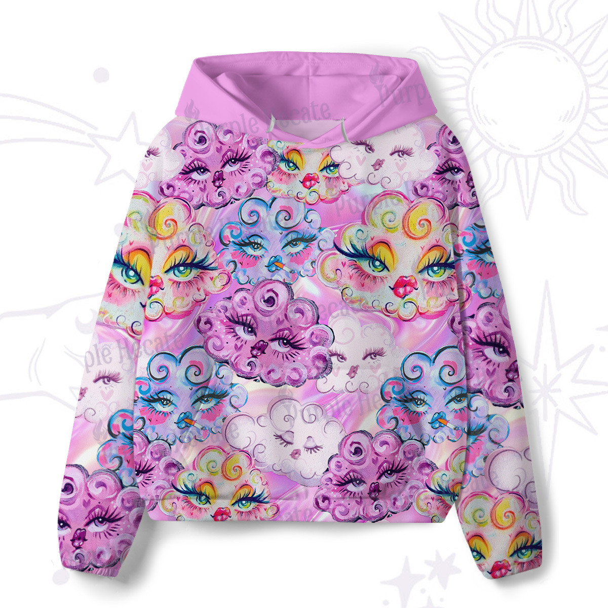 Purplehecate Dreamy Cloud Faces All-Over Print Hoodie