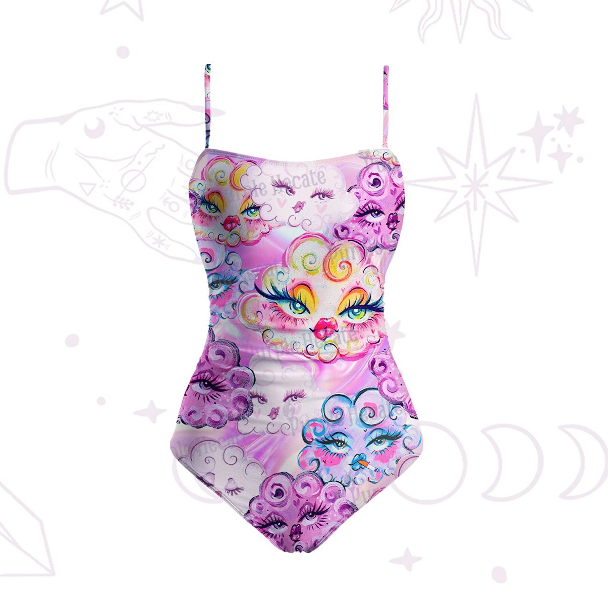 Purplehecate Dreamy Cloud Faces Slim-Strap Swimsuit
