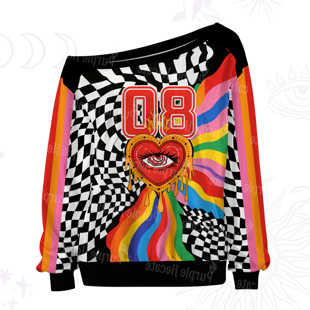 Purplehecate Trippy Rainbow Heart Eye Off The Shoulder Graphic Jersey