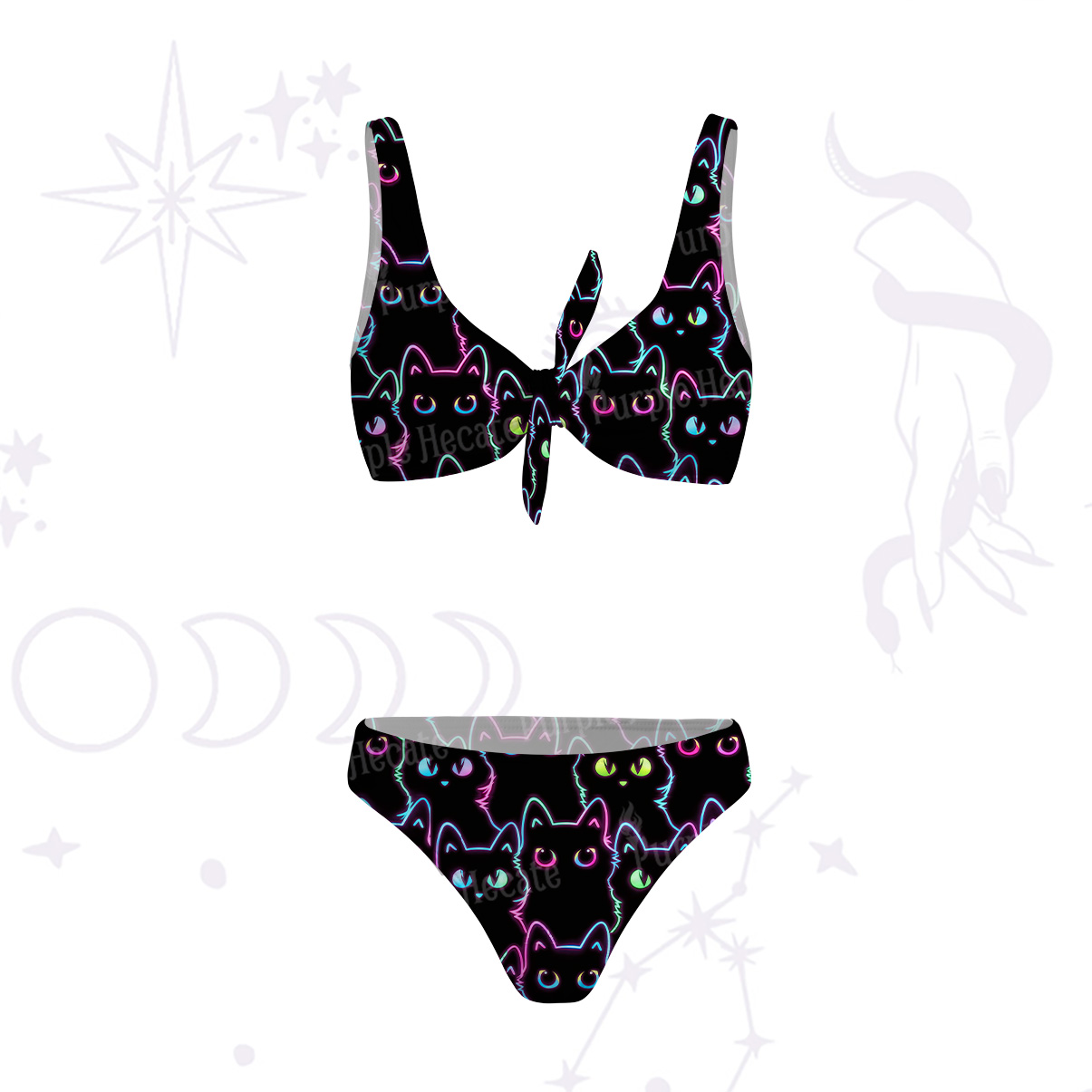 Purplehecate Neon Glow Stacked Cats Versa-Tie Two-Piece Swimsuit