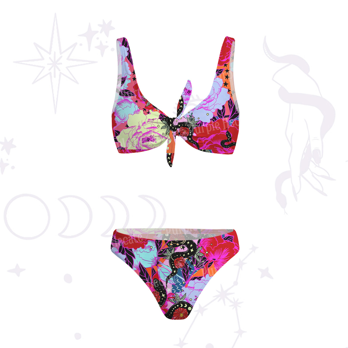 Purplehecate Enchanted Black Serpent & Floral Pattern Versa-Tie Two-Piece Swimsuit