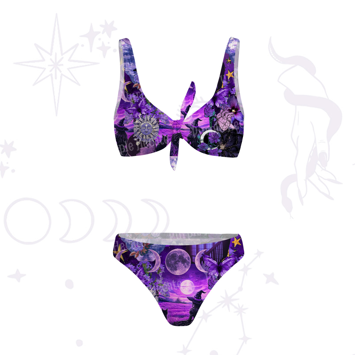 Purplehecate Witchy Black Cat Moon Versa-Tie Two-Piece Swimsuit