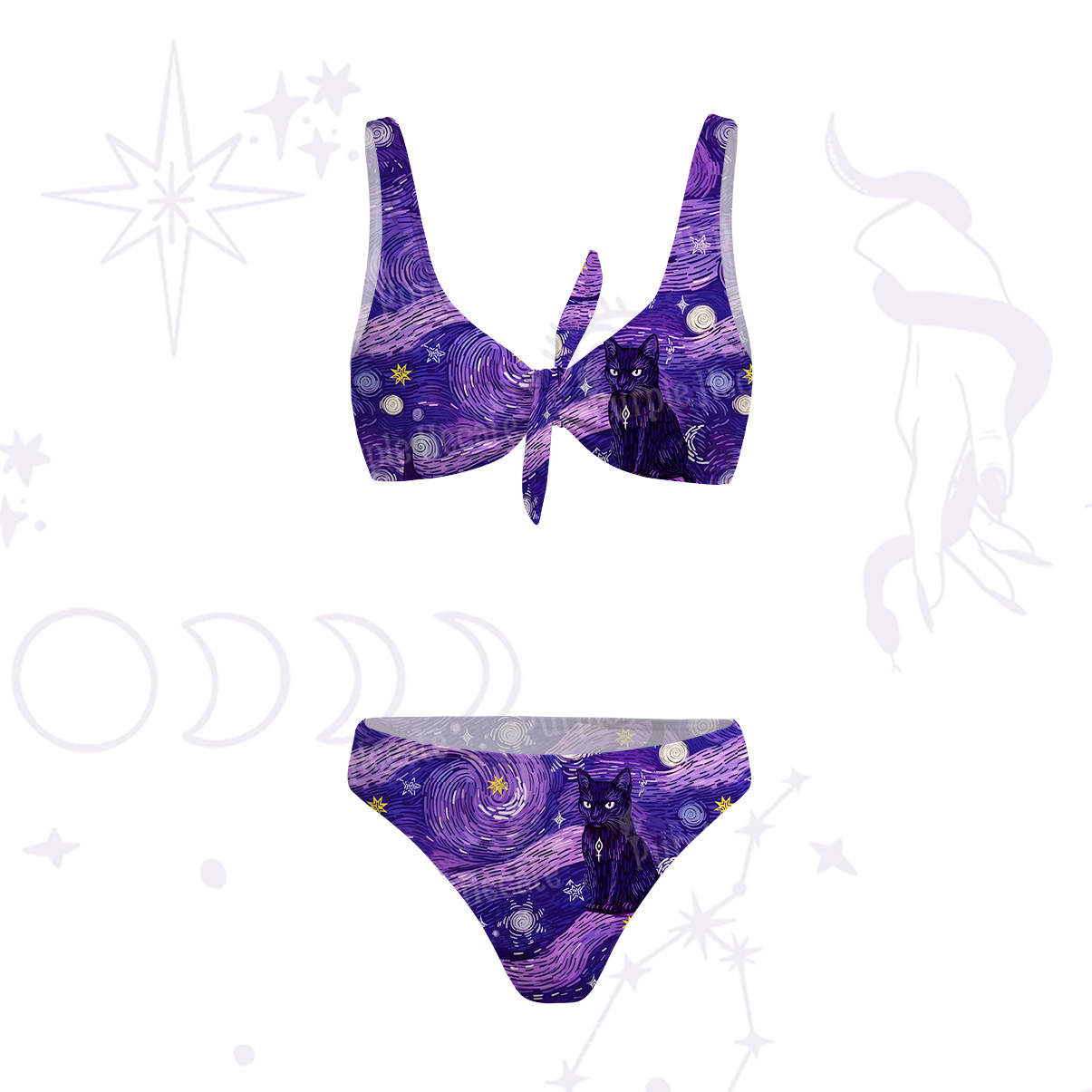 Purplehecate Mystic Cat Beneath the Cosmic Veil Versa-Tie Two-Piece Swimsuit