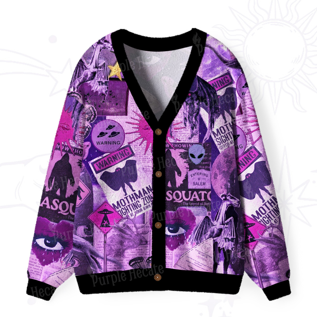 Purplehecate Cryptid Warning Collage Ugly Cardigan Sweaters