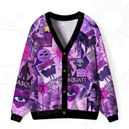 Purplehecate Cryptid Warning Collage Ugly Cardigan Sweaters