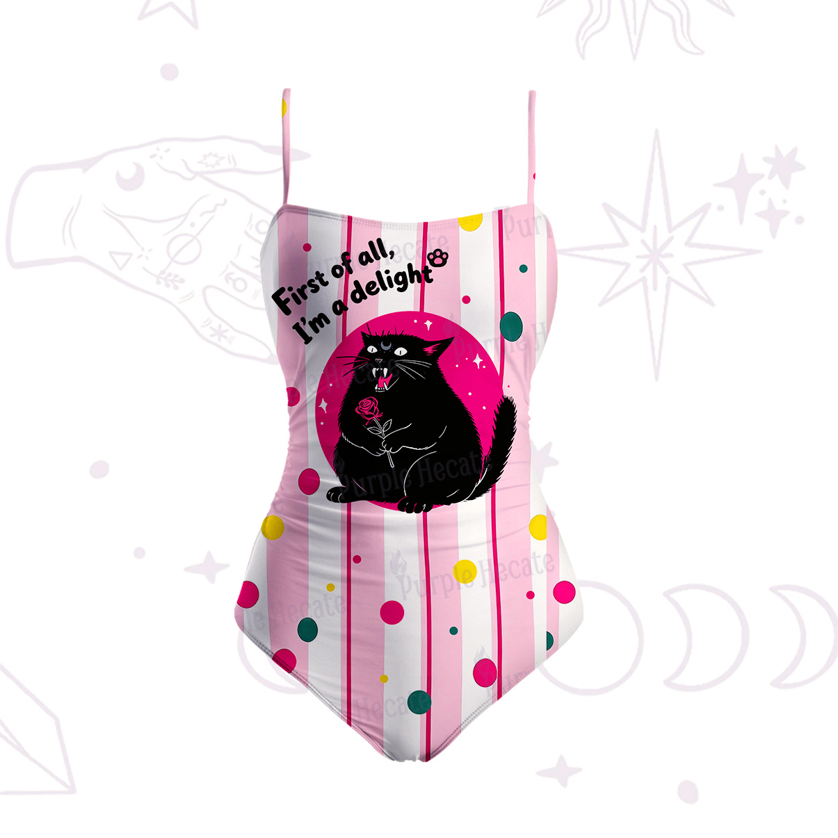 Purplehecate First Of All I'm A Delight Cat Slim-Strap Swimsuit