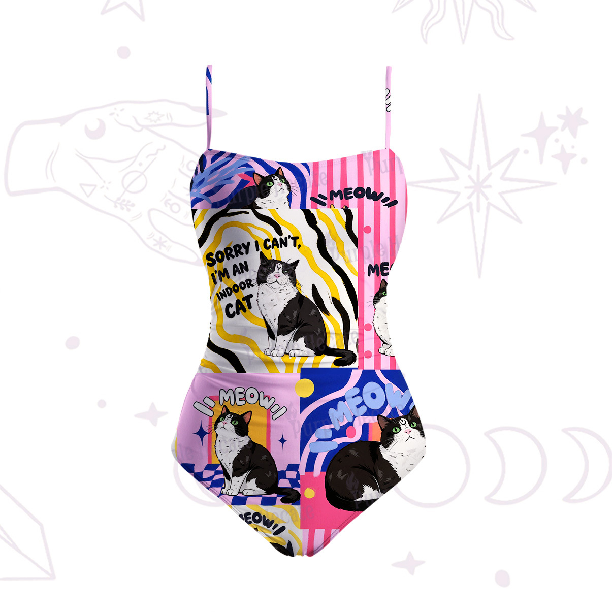 Purplehecate Sorry I Can't Go I'm an Indoor Cat Slim-Strap Swimsuit