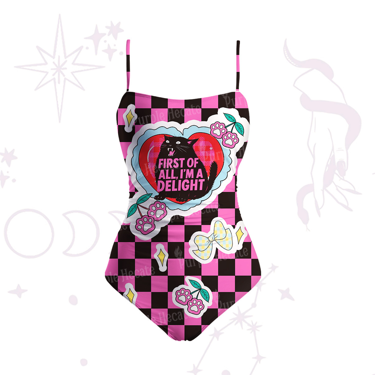 Purplehecate First Of All I'm A Delight Cat Slim-Strap Swimsuit