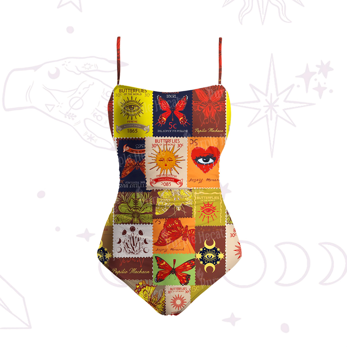 Purplehecate Butterfly Celestial Patchwork Slim-Strap Swimsuit
