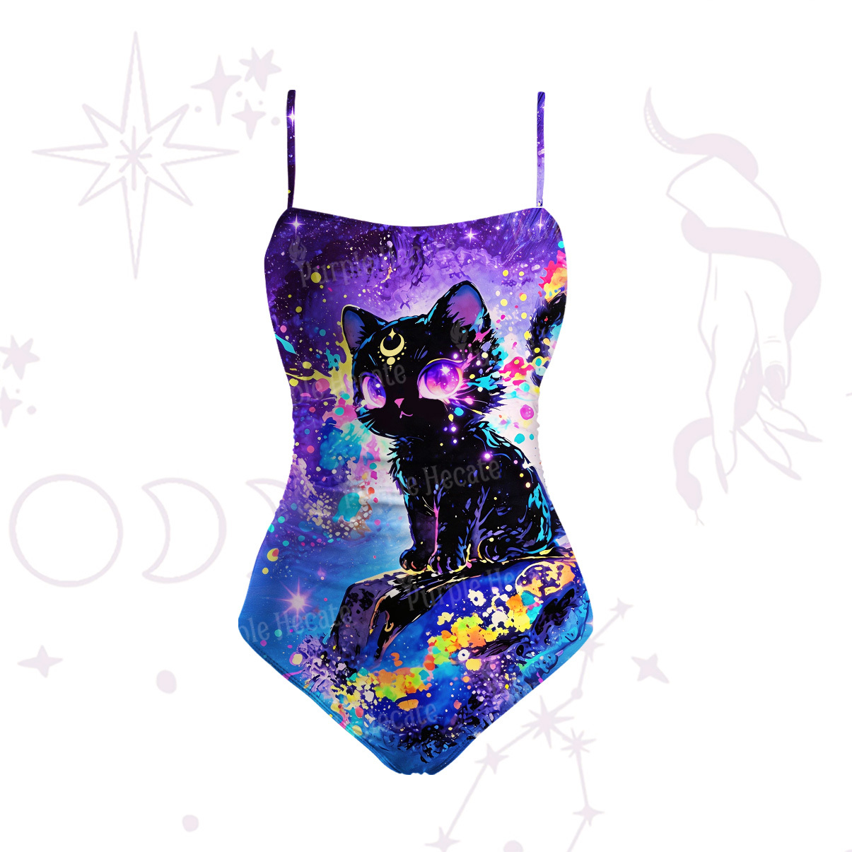 Purplehecate Neon Galaxy Cat Fantasy Slim-Strap Swimsuit