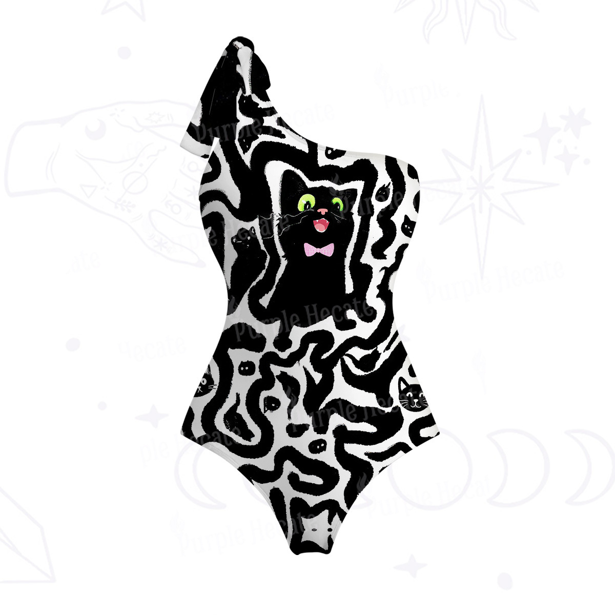 Purplehecate Black Cat One-Shoulder One-Piece Swimsuit
