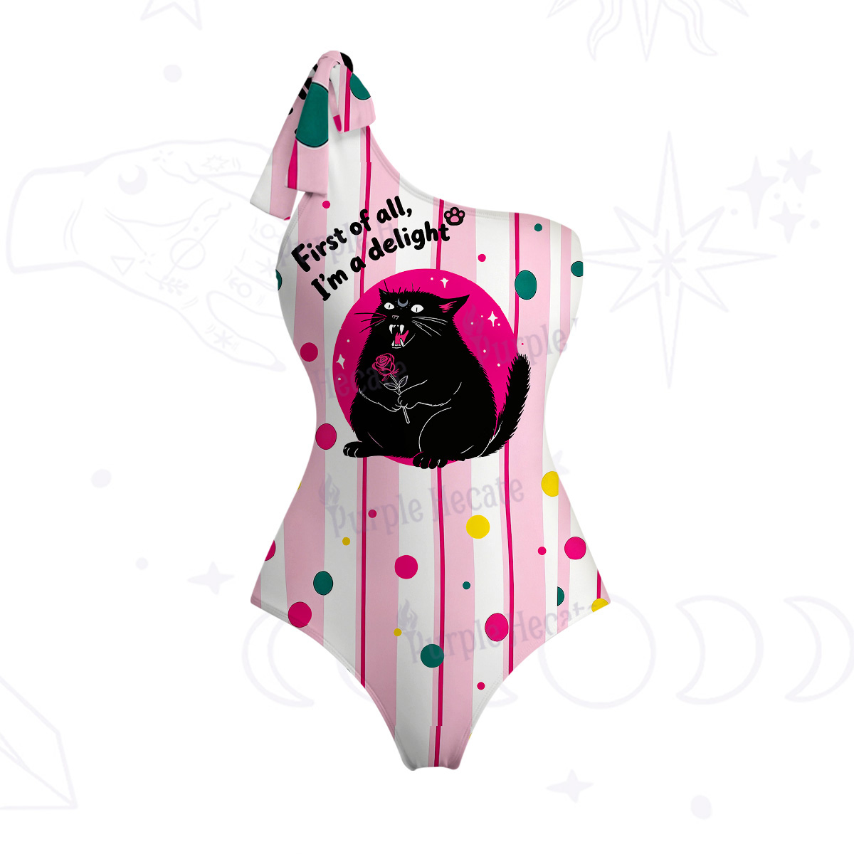 Purplehecate First Of All I'm A Delight Cat One-Shoulder One-Piece Swimsuit