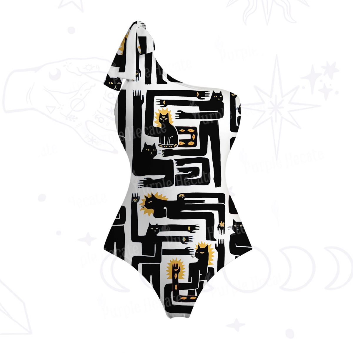 Purplehecate Whimsical Abstract Cat One-Shoulder One-Piece Swimsuit