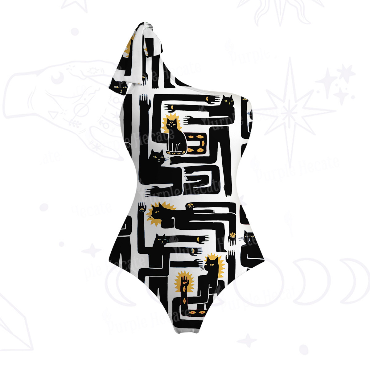 Purplehecate Whimsical Abstract Cat One-Shoulder One-Piece Swimsuit